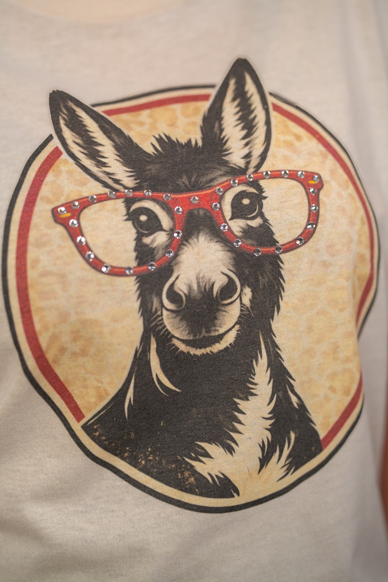 Playful Charm Donkey Rhinestone Specs Graphic Tee – Natural