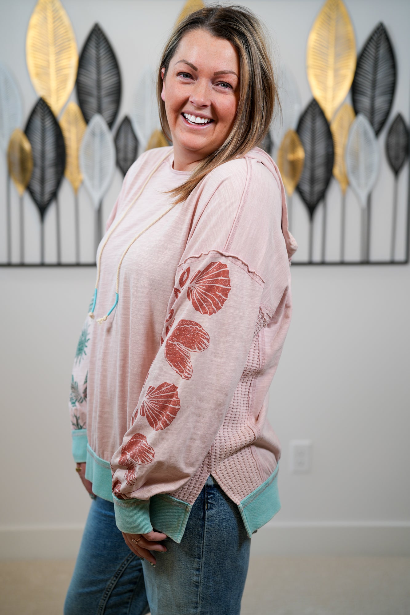 Ocean Vibes Shell Print Knit Hoodie - Buttercup Lynne Boutique
