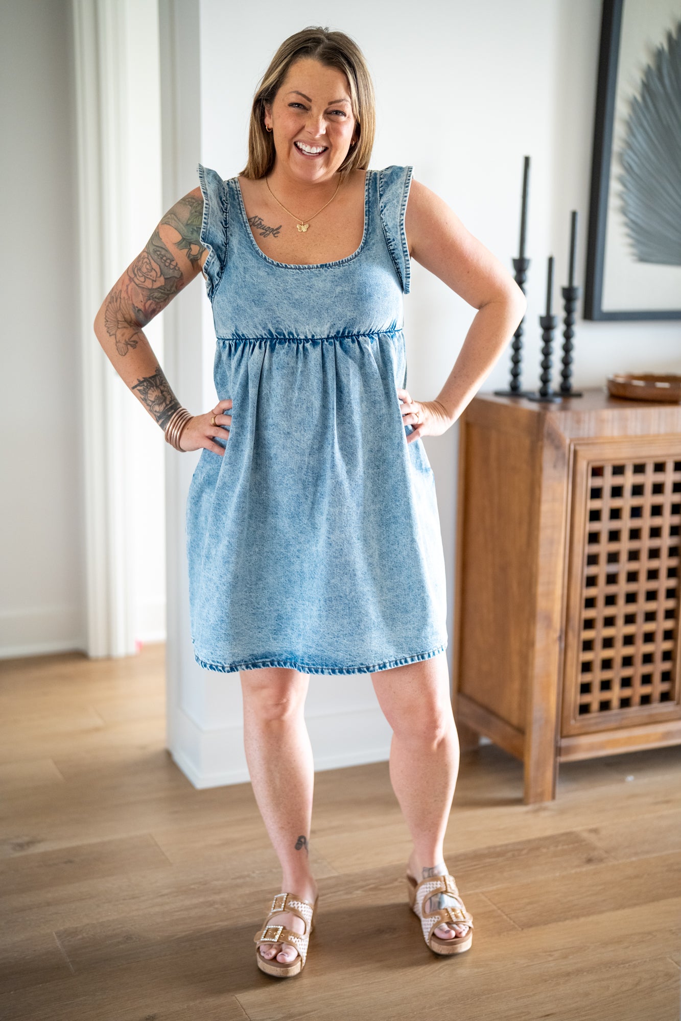 mini denim ruffle dress Washed High Ruffle Sleeve Mini Dress In Light Denim L