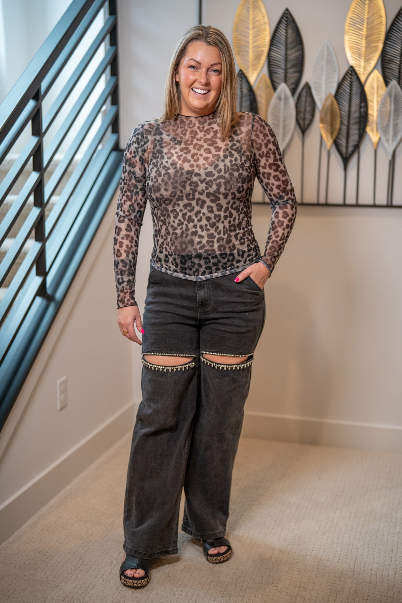 Easel Animal Print Mesh Long Sleeve