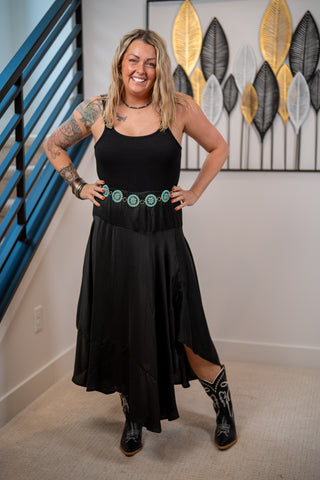 Black Handkerchief Hem Satin Maxi Skirt – Boho Flowy  Lovestitch