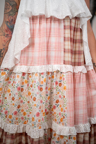 Multicolored plaid and floral dress with white lace trim