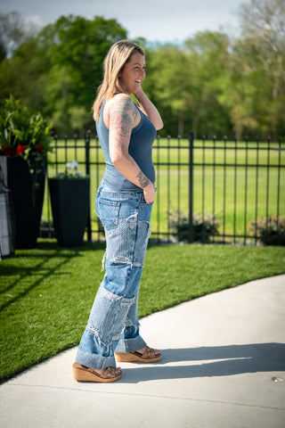 Knit Patch Mineral Washed Distressed Jeans - Buttercup Lynne Boutique