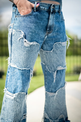 Knit Patch Mineral Washed Distressed Jeans - Buttercup Lynne Boutique