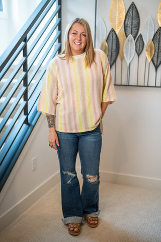Easel Lemon Taupe Striped Knit Tunic Top - Buttercup Lynne Boutique