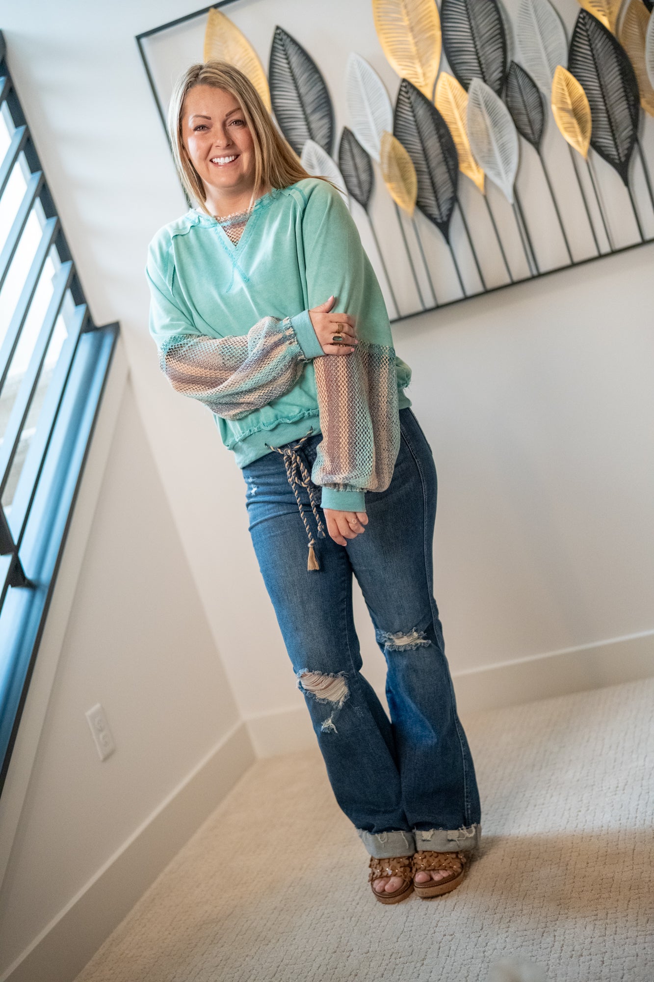 Oli & Hali Washed Mesh Sleeve Pullover