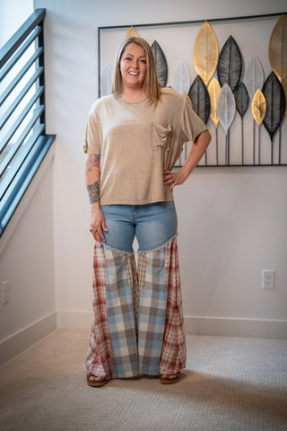 Easel Plaid Mix Washed Denim Pants - Buttercup Lynne Boutique