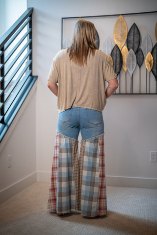 Easel Plaid Mix Washed Denim Pants - Buttercup Lynne Boutique