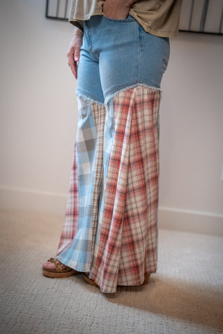Easel Plaid Mix Washed Denim Pants - Buttercup Lynne Boutique