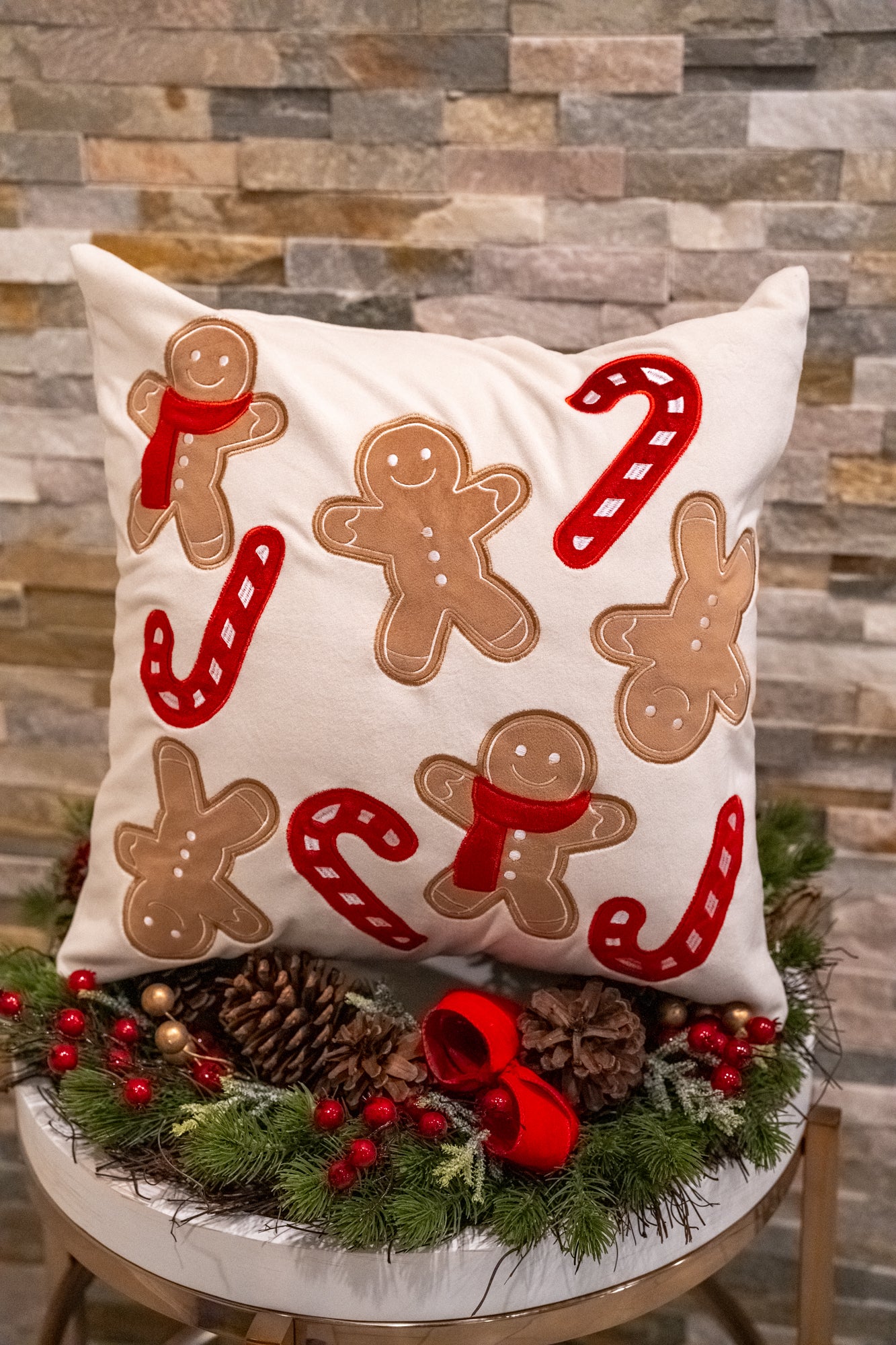 Gingerbread Dreams & Candy Cane Kisses Pillow by Buttercup Lynne