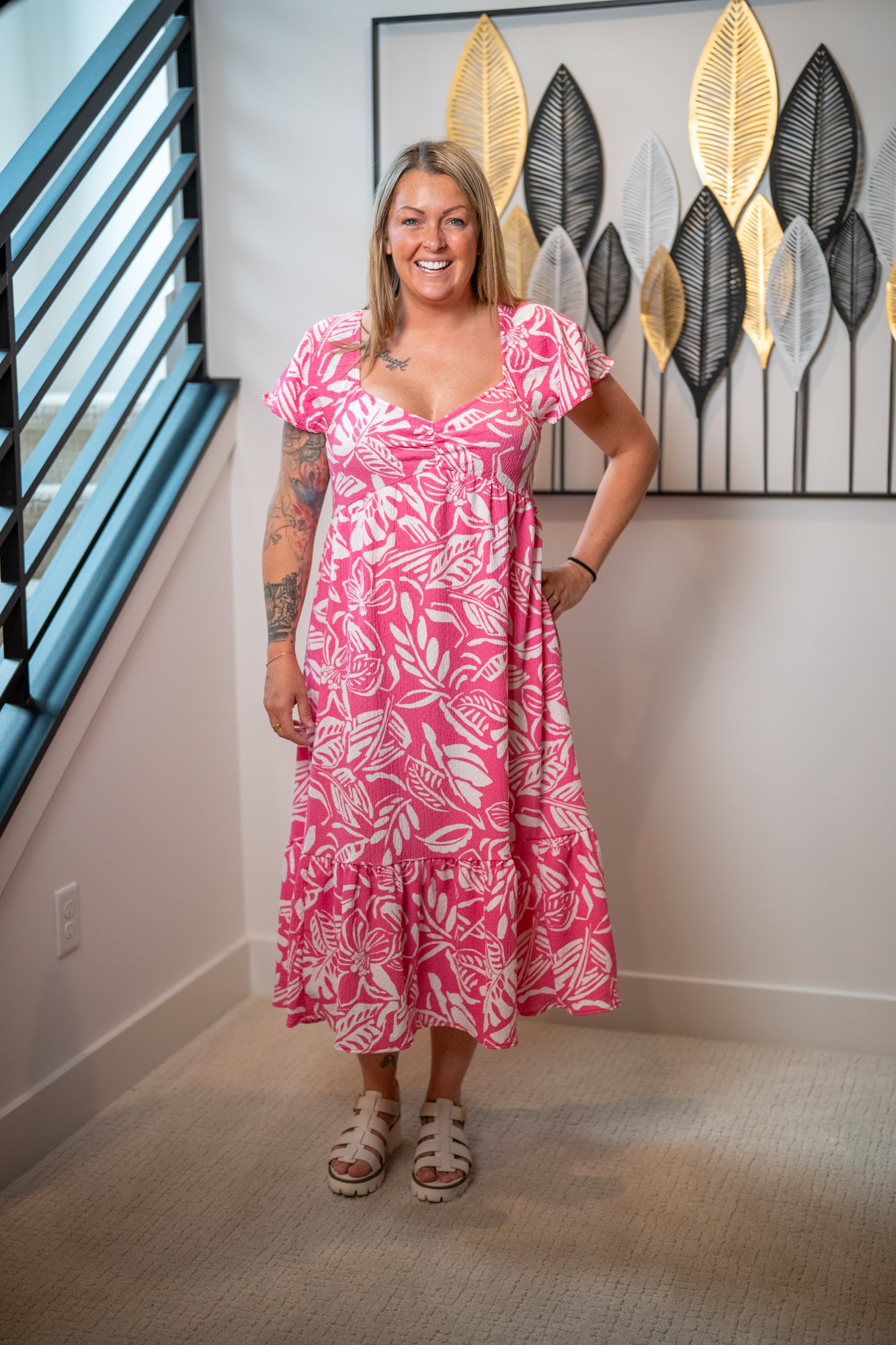 easel maxi dress Easel Magenta Border Print Challis Maxi Dress Wing Sleeve Boho V-Neck Dress with Pockets Small