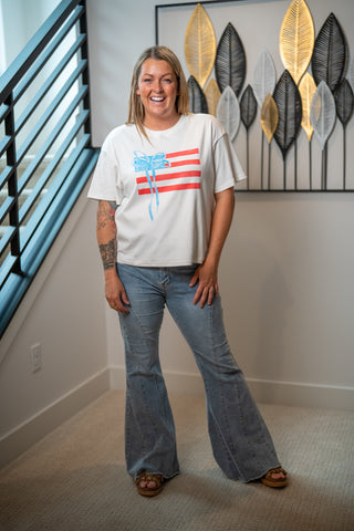 Gilli USA Flag Tee – Round Neck, Red & Blue Bow Graphic, Cotton Blend - Buttercup Lynne Boutique