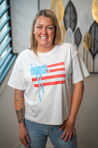Gilli USA Flag Tee – Round Neck, Red & Blue Bow Graphic, Cotton Blend - Buttercup Lynne Boutique