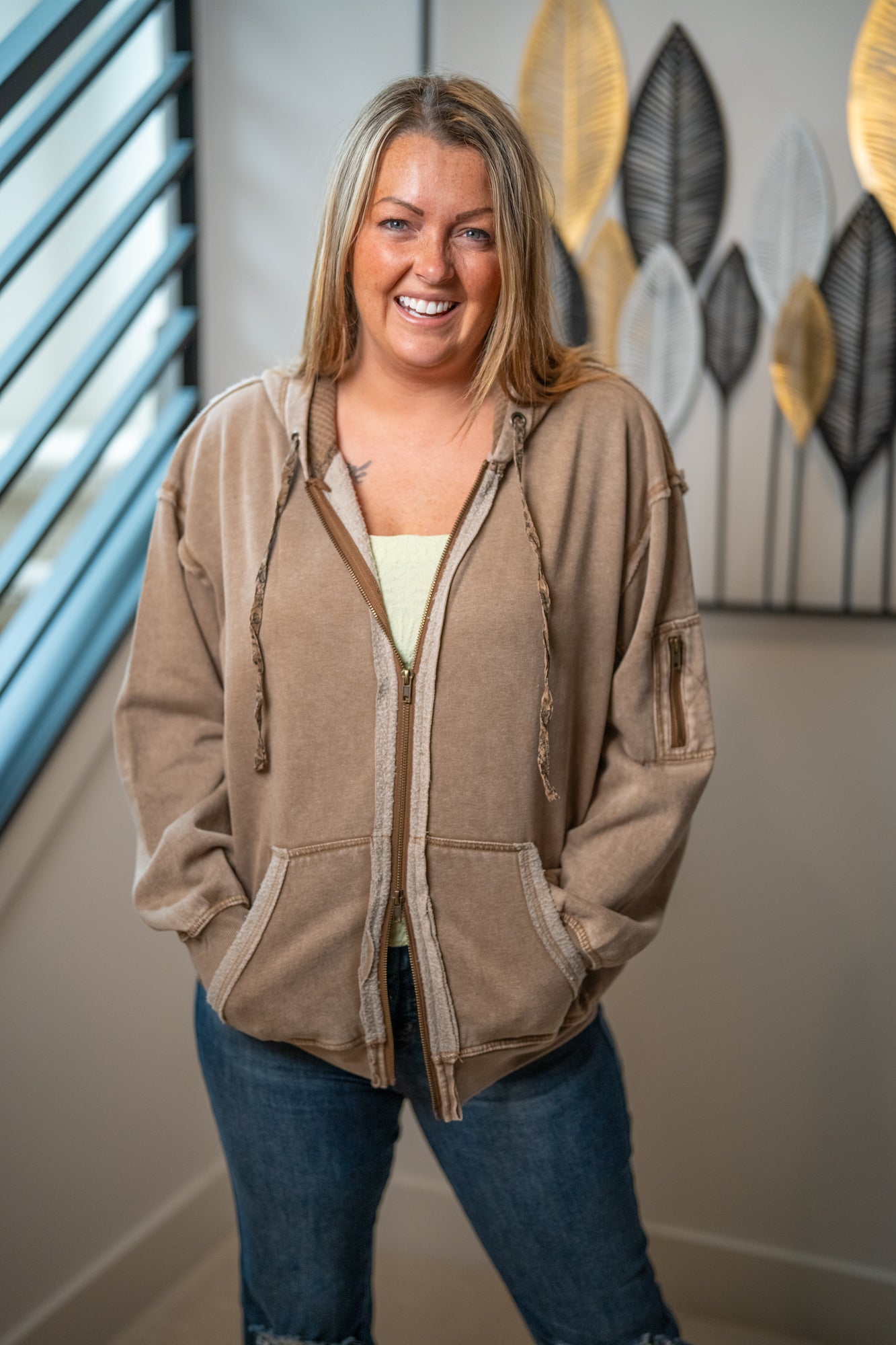 Easel Mocha Mineral Wash Zip Hoodie - Buttercup Lynne Boutique