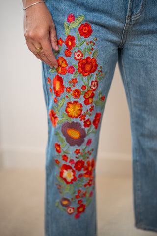 Oli & Hali Washed Flower Embroidery Denim Jeans - Buttercup Lynne Boutique