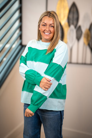 Oversized green and mint color block long sleeve pullover top with wide stripes