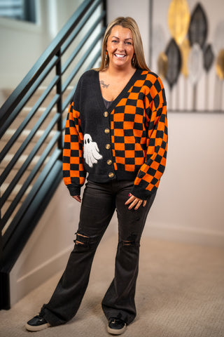 Orange and black checkered Halloween cardigan with ghost appliqué and gold buttons