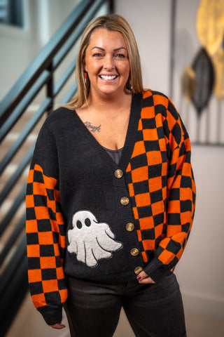 Black and orange checkered Halloween cardigan with ghost appliqué and gold buttons