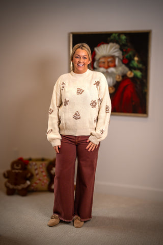 Cream chenille sweater with brown gingerbread cookie pattern, cropped cozy fit