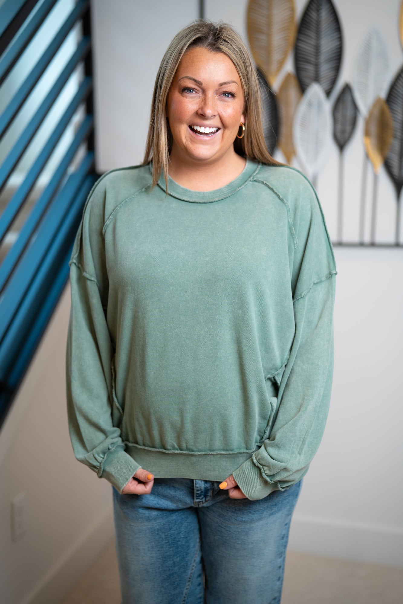 Easel Cut Out Mineral Washed Pullover – Juniper Green - Buttercup Lynne Boutique