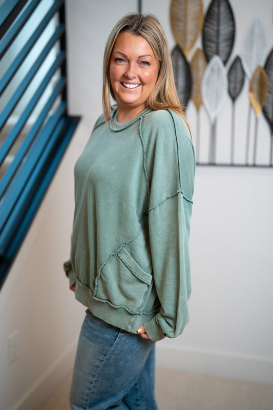 Easel Cut Out Mineral Washed Pullover – Juniper Green - Buttercup Lynne Boutique