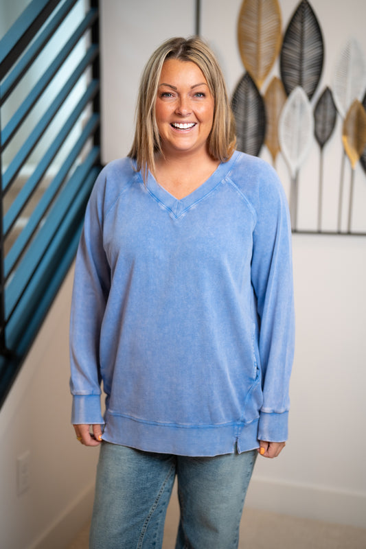 Easel Washed Terry Oversized Pullover with Pockets – Peri Blue - Buttercup Lynne Boutique