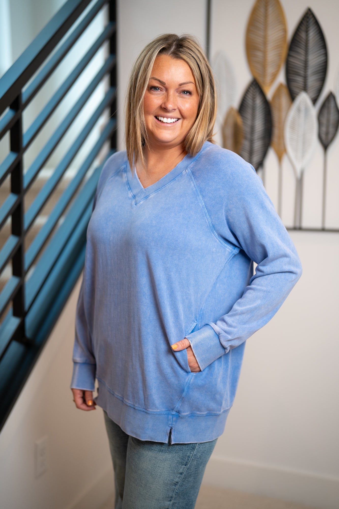 Easel Washed Terry Oversized Pullover with Pockets – Peri Blue - Buttercup Lynne Boutique