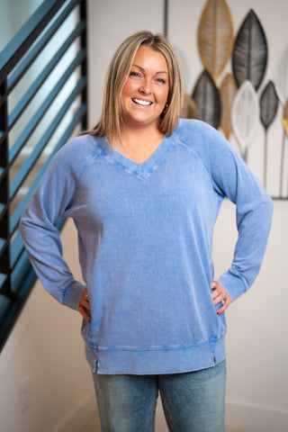 Easel Washed Terry Oversized Pullover with Pockets – Peri Blue - Buttercup Lynne Boutique