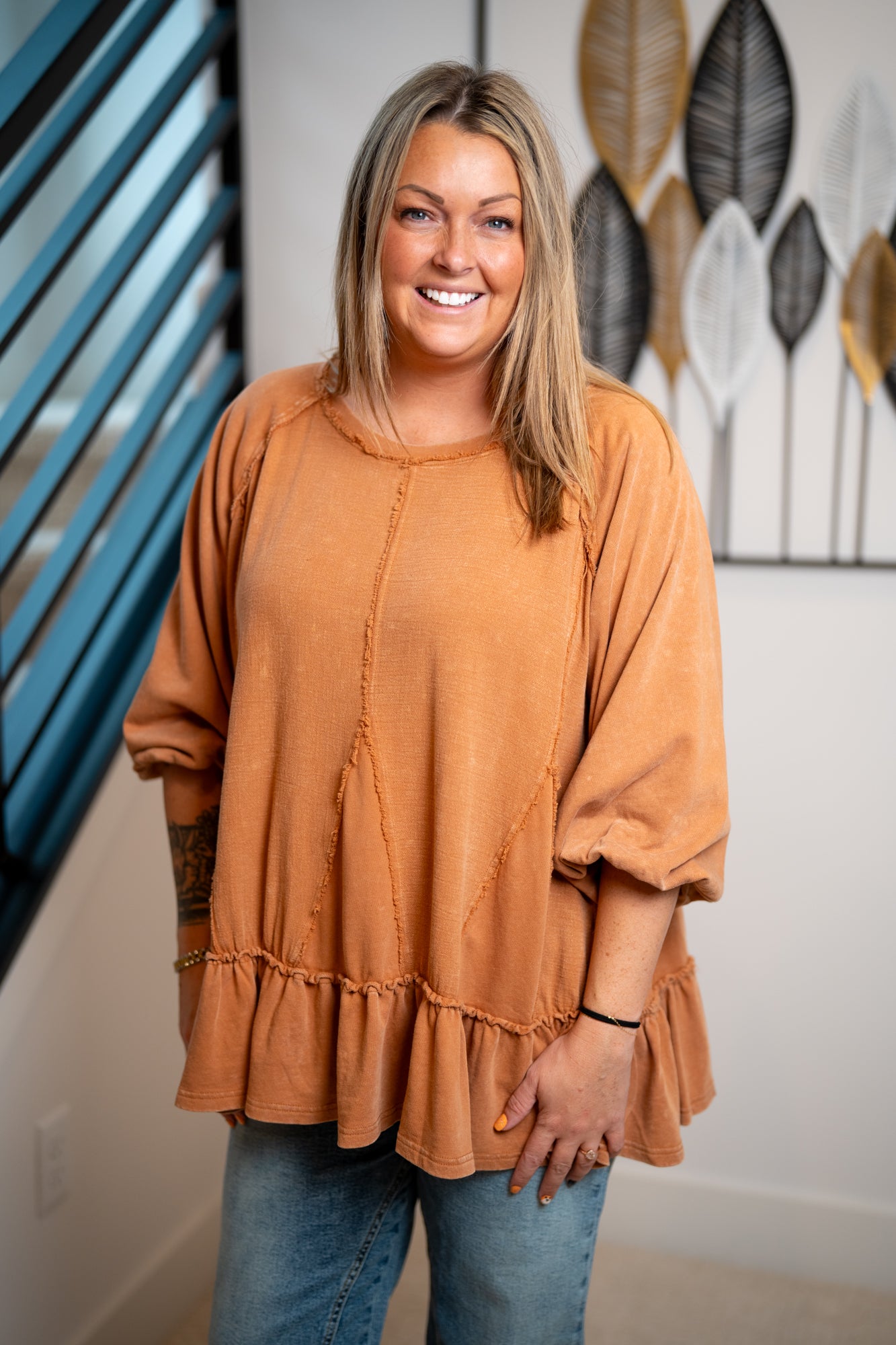 Easel Washed Terry Ruffle Bottom Top - Buttercup Lynne Boutique