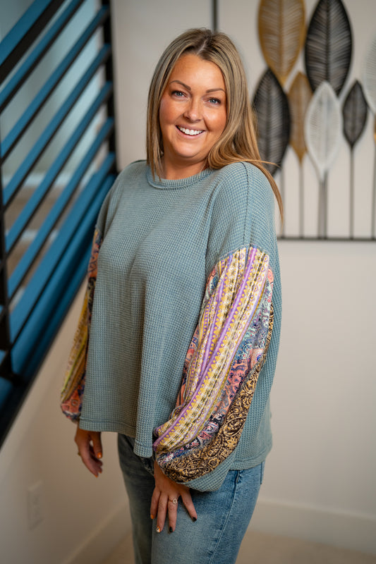 Easel Mix Print Washed Thermal Pullover – Dusty Blue - Buttercup Lynne Boutique