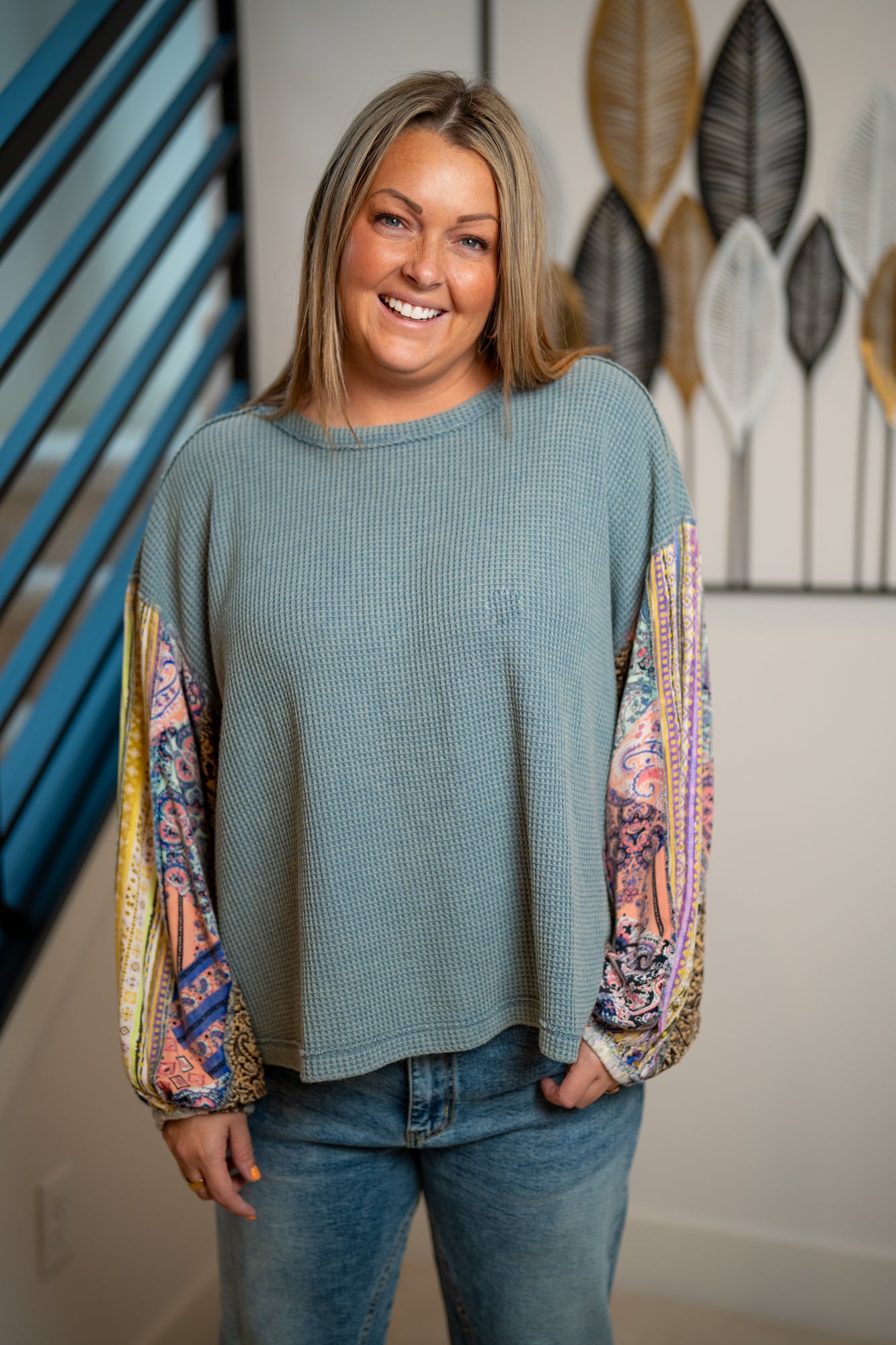 Easel Mix Print Washed Thermal Pullover – Dusty Blue - Buttercup Lynne Boutique