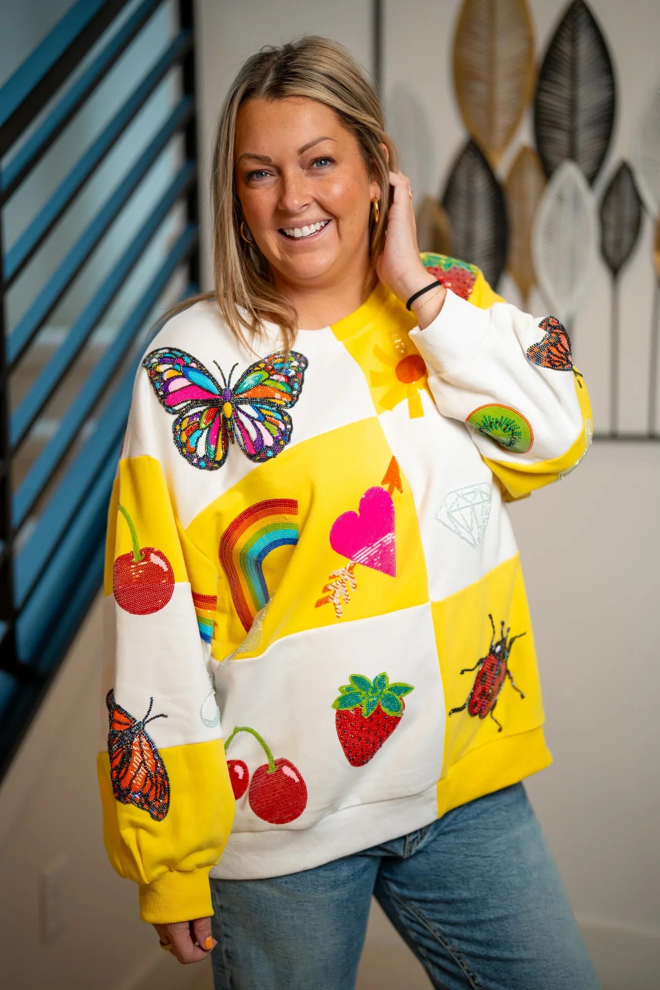 Queen of Sparkles Yellow & White Checkered Summer Icons Sweatshirt