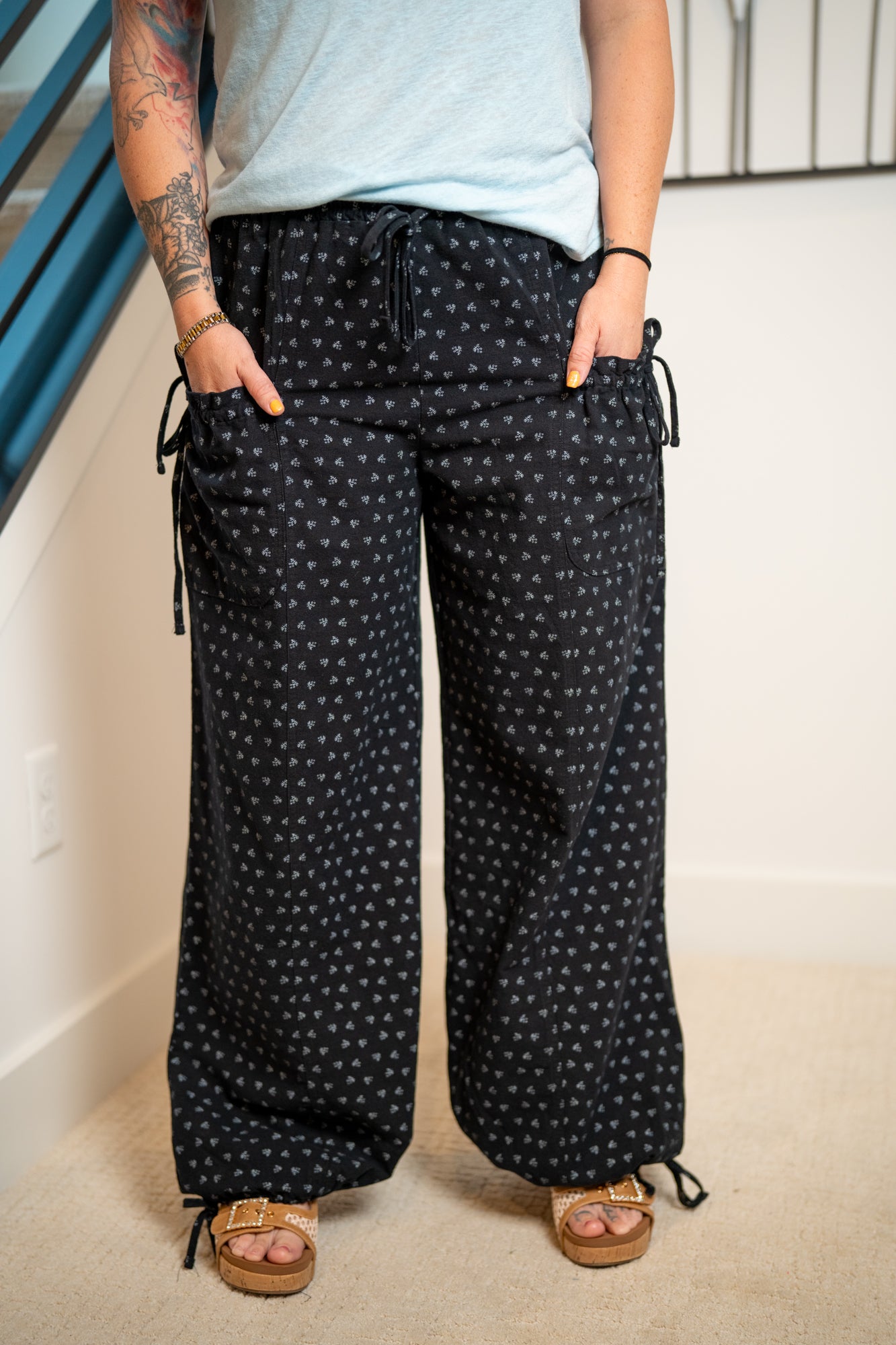 Easel Texture Woven Mineral Washed Wide Leg Pants – Dainty Floral Print - Buttercup Lynne Boutique