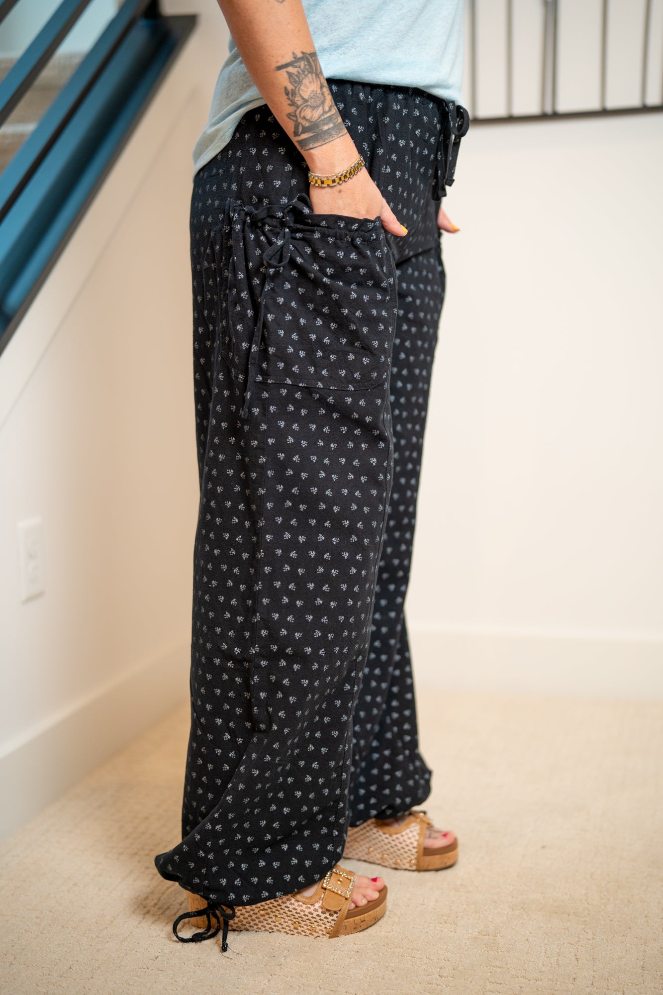 Easel Texture Woven Mineral Washed Wide Leg Pants – Dainty Floral Print - Buttercup Lynne Boutique