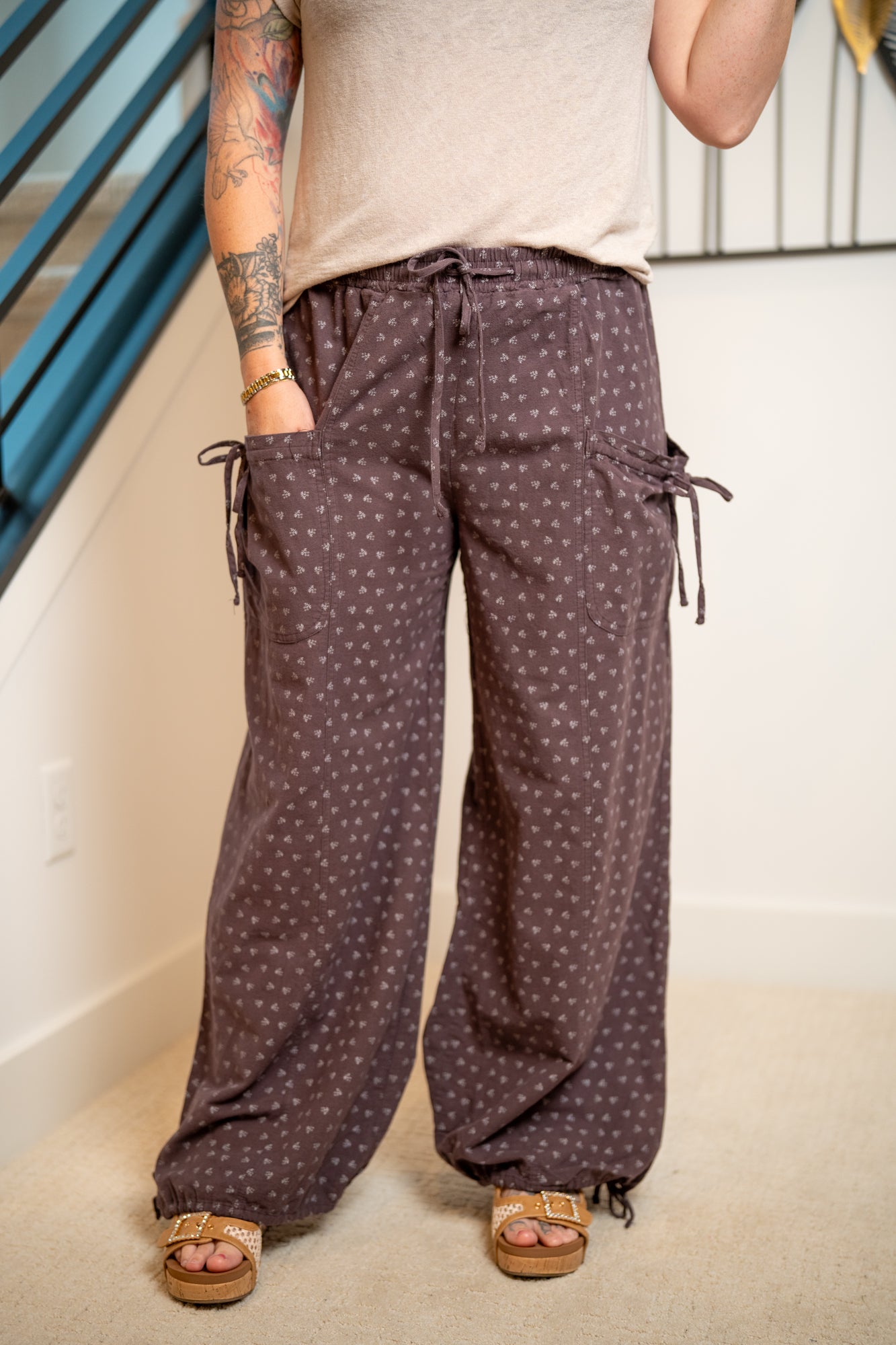 Easel Texture Woven Mineral Washed Wide Leg Pants – Dainty Floral Print - Buttercup Lynne Boutique