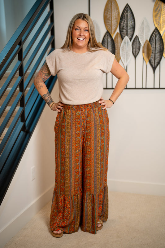 Easel Smocked Waist Ruffle-Hem Pants - Buttercup Lynne Boutique