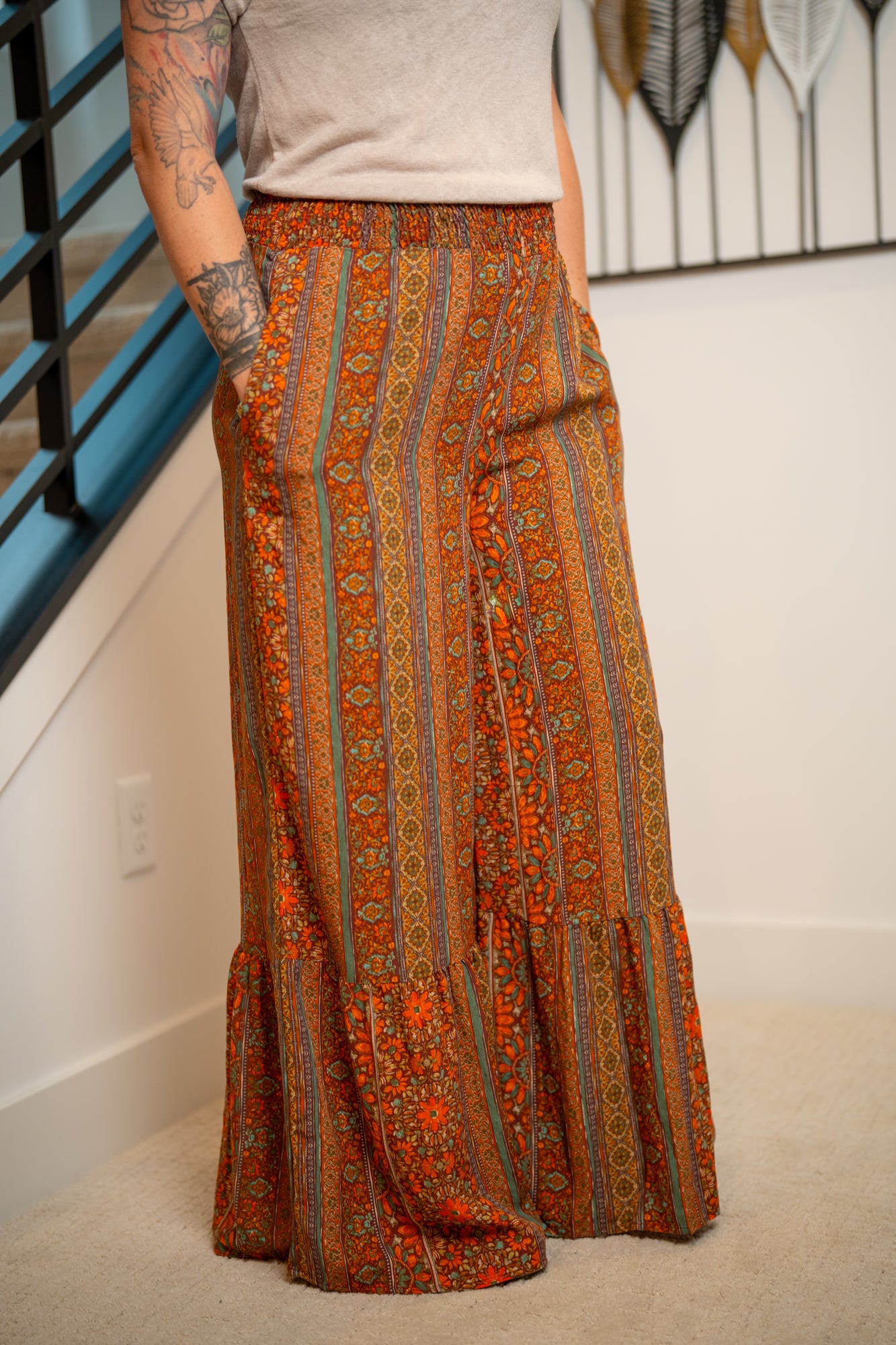 Easel Smocked Waist Ruffle-Hem Pants - Buttercup Lynne Boutique