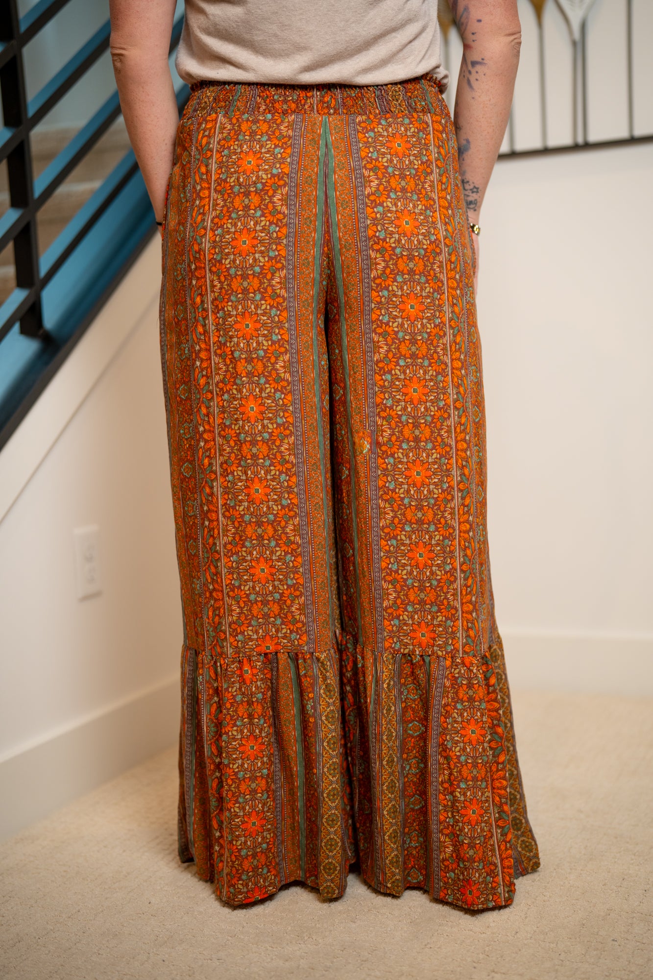 Easel Smocked Waist Ruffle-Hem Pants - Buttercup Lynne Boutique