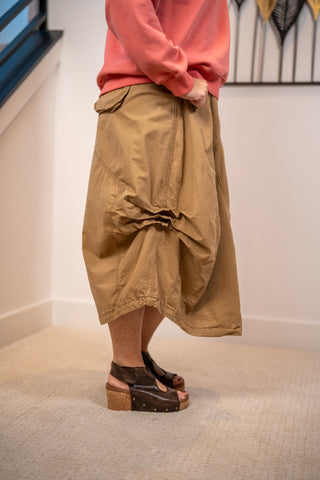 Khaki tan parachute maxi cargo skirt with gathered hem and utility pockets