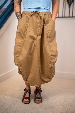Tan parachute maxi cargo skirt with drawstring waist and bubble silhouette