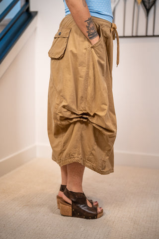 Khaki tan parachute maxi cargo skirt with cargo pocket and tie waist
