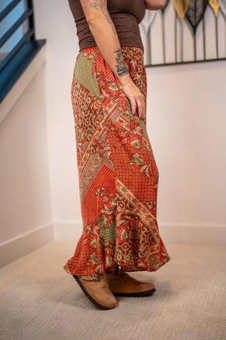 Red green patchwork satin wide-leg pants with ruffle hem, boho floral print