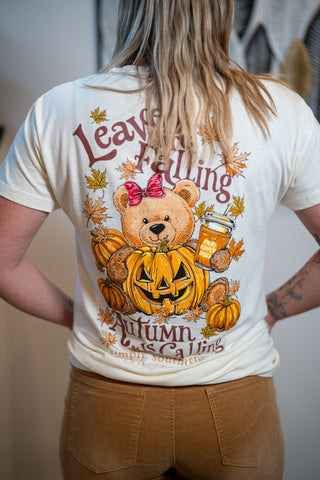 Cream Simply Southern tee with fall bear, pumpkins, and autumn leaves graphic