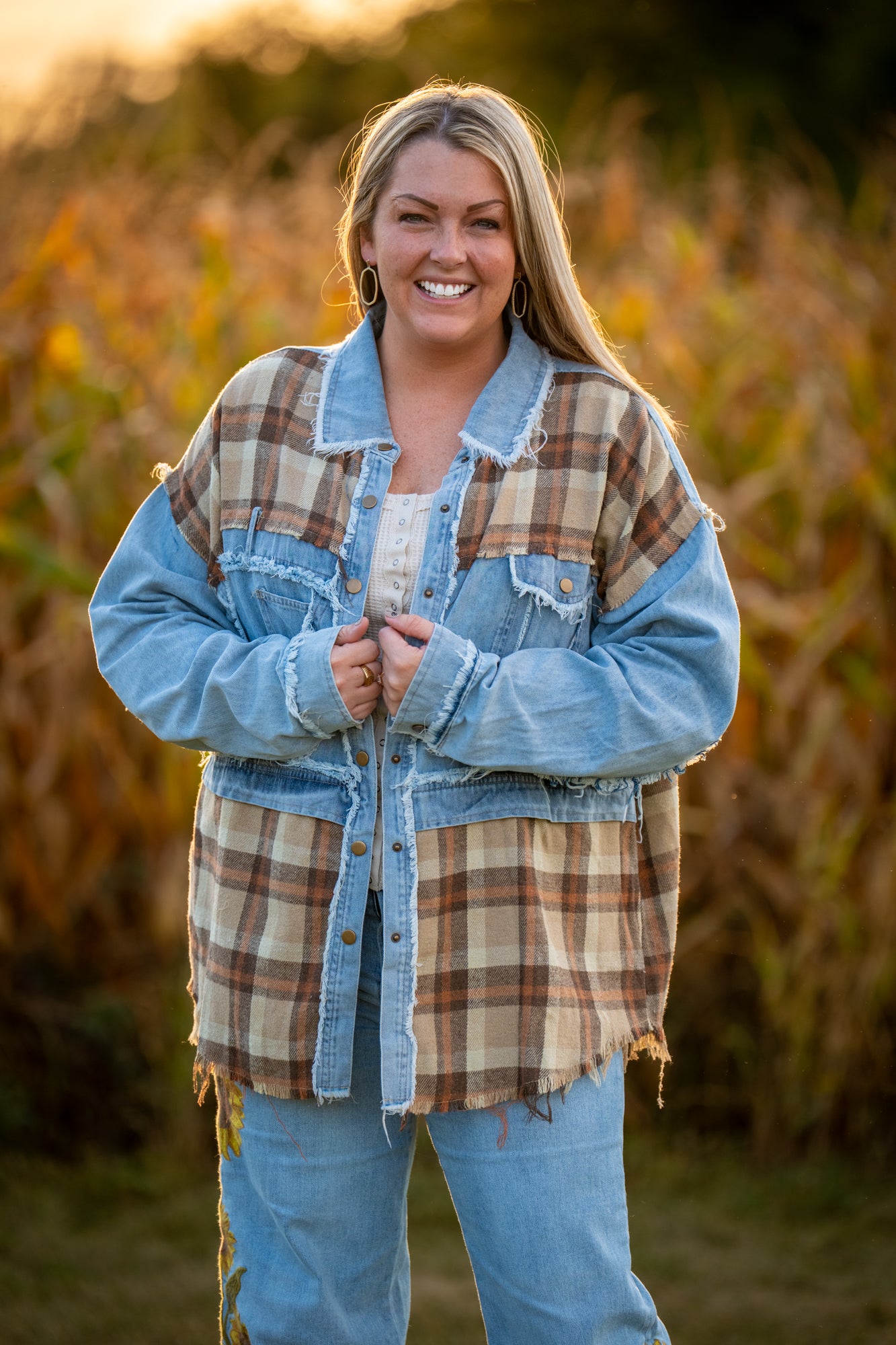 Oli & Hali - Washed Plaid Denim Mix Button Down Shacket