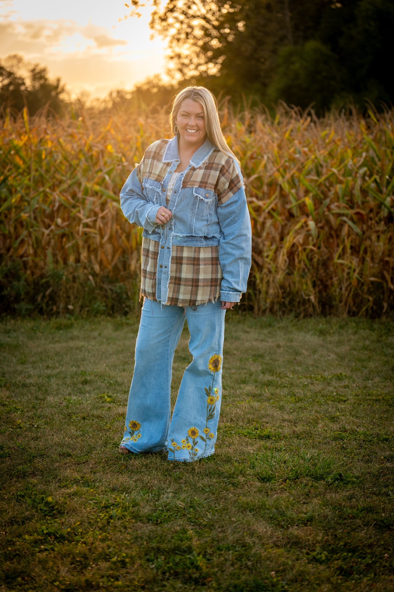 Oli & Hali - Washed Plaid Denim Mix Button Down Shacket