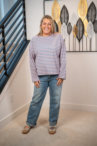 Pink and blue striped long sleeve boyfriend tee with relaxed fit