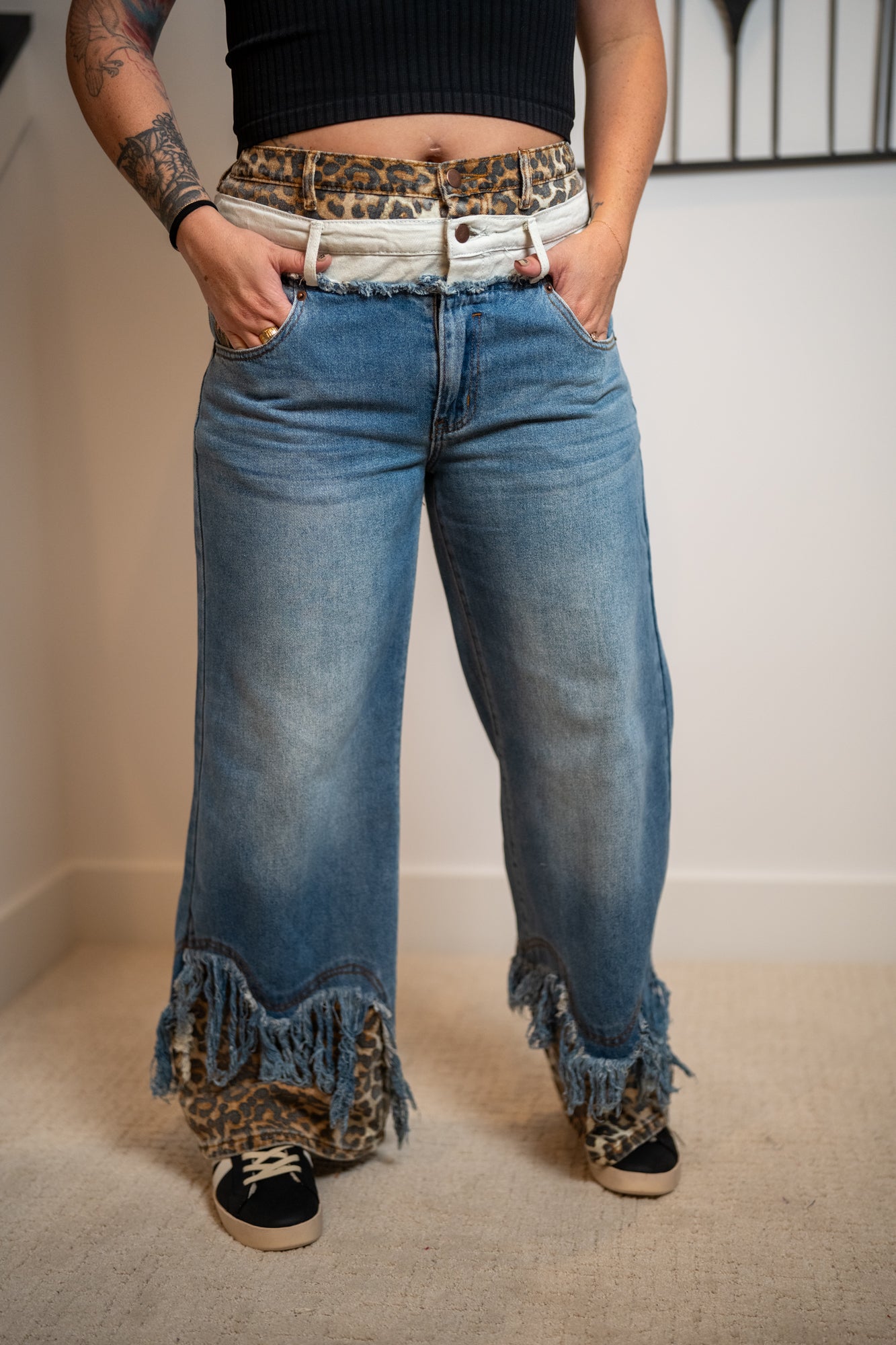 Oli & Hali Washed Double Waisted with Frayed Hem Jeans