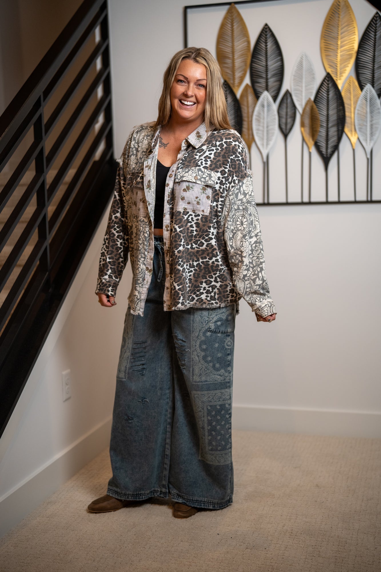 Oli & Hali Washed Paisley Leopard Button Down Shirt