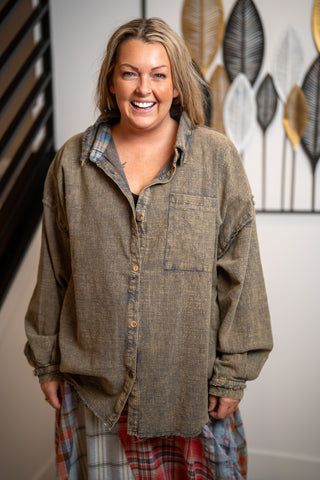 Oli & Hali Washed Patchwork Button Front Top
