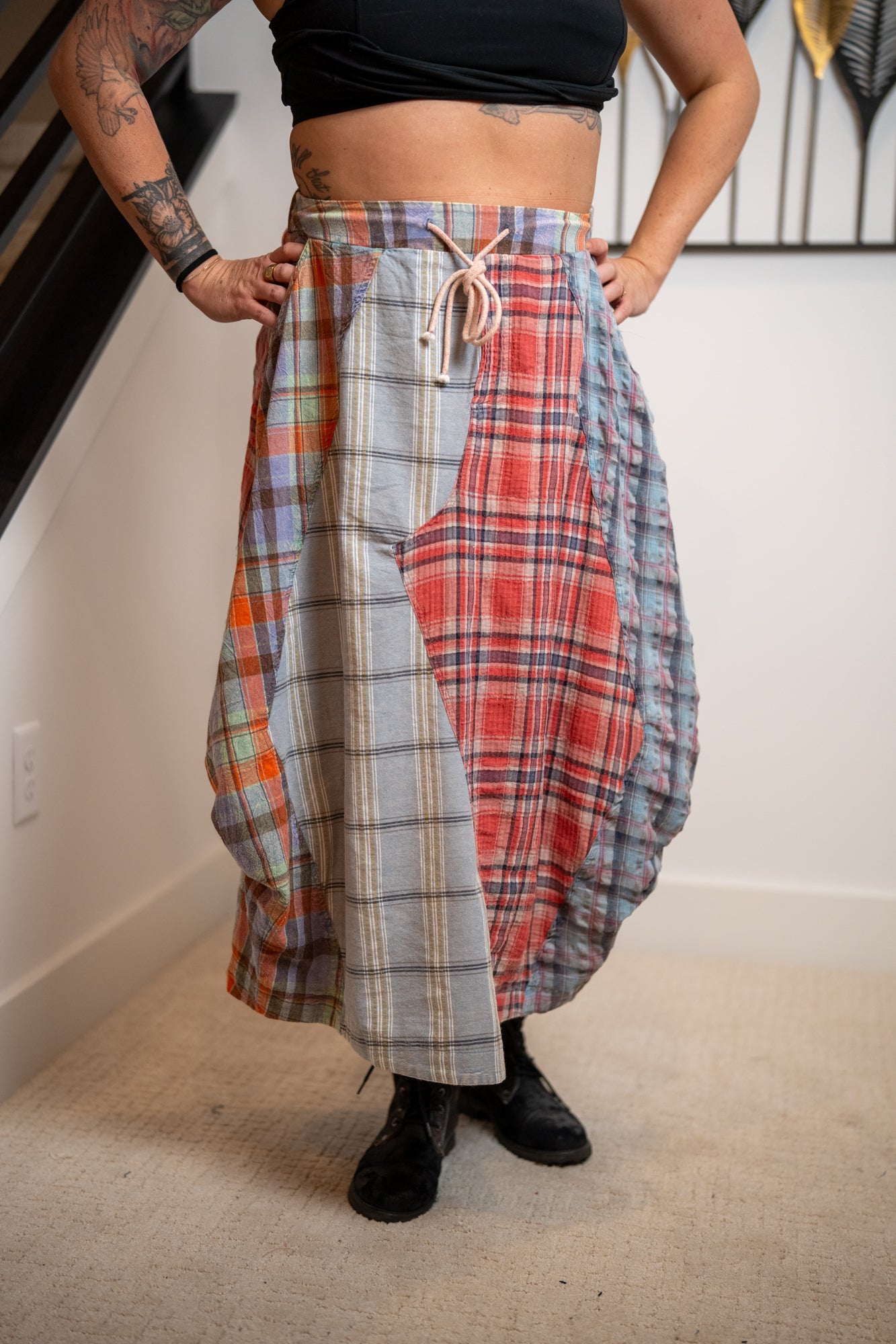 Oli & Hali Washed Plaid Mix Midi Bubble Skirt